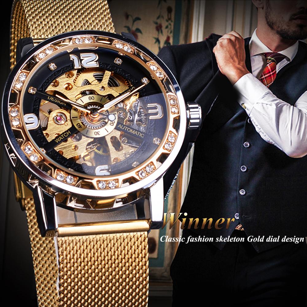 Forsining Diamond Golden Skeleton Men Mechanical Watch Stainless Steel Mesh Band Luminous Hand Watches