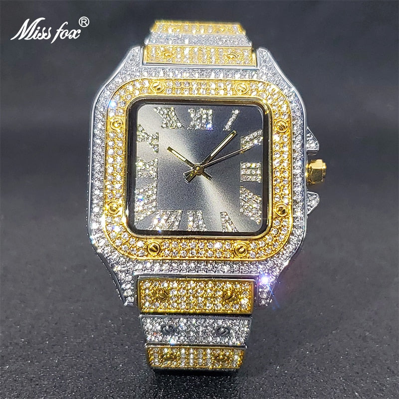 Ice Out Diamond Sunburst Dial Waterproof Quartz Watches