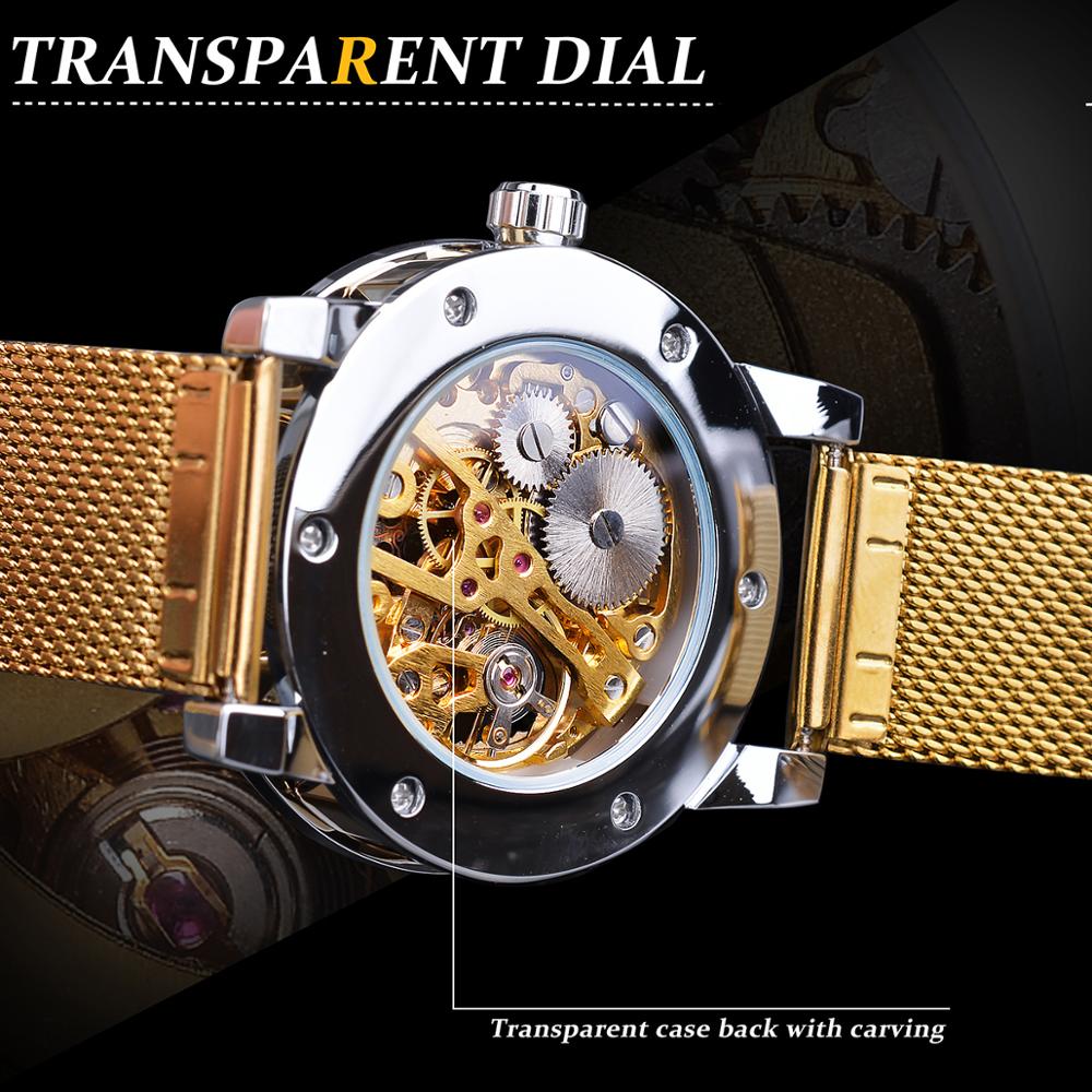 Forsining Diamond Golden Skeleton Men Mechanical Watch Stainless Steel Mesh Band Luminous Hand Watches