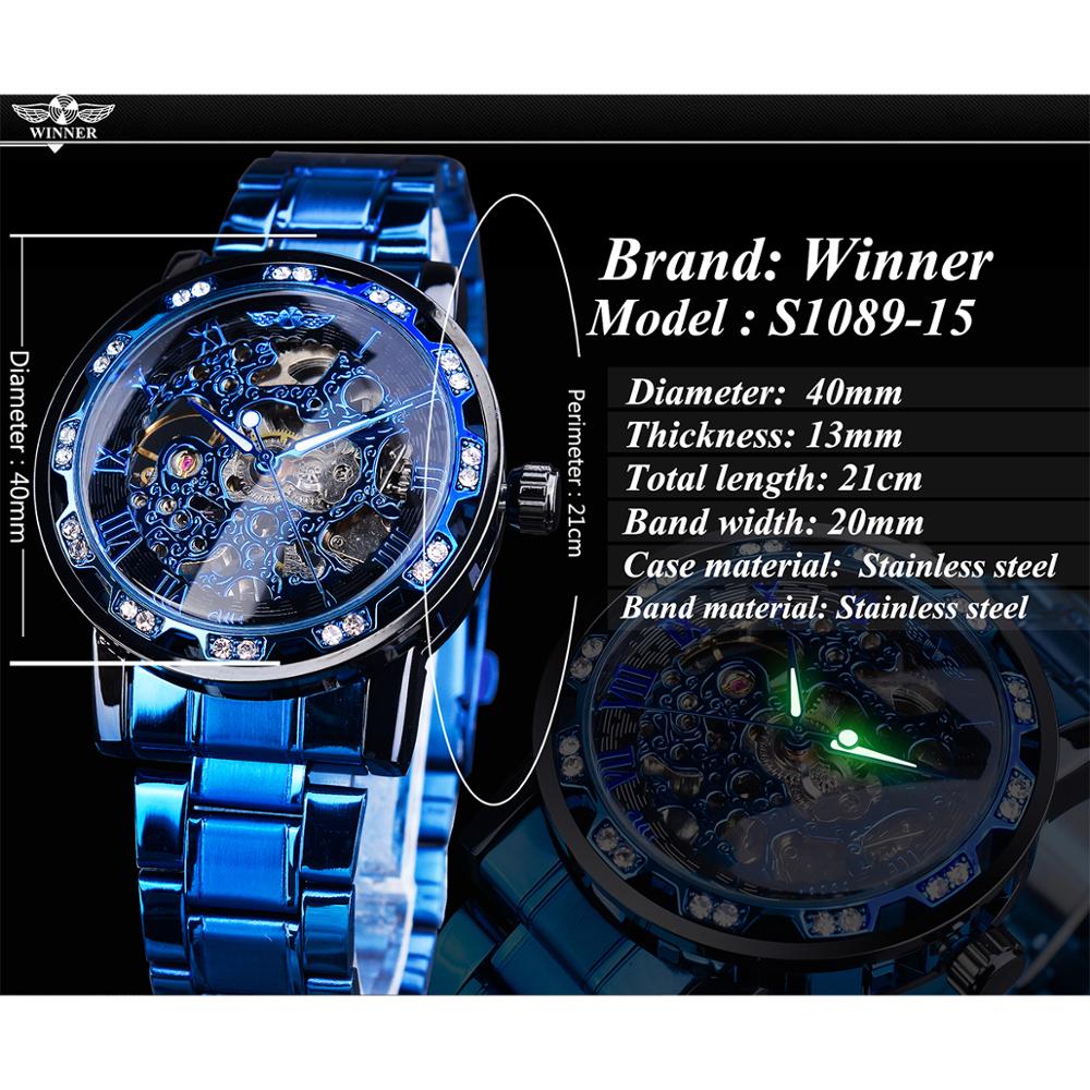Transparent Diamond Mechanical Watch Blue Stainless Steel Skeleton Watch Top Brand Luxury Business Luminous Male Clock