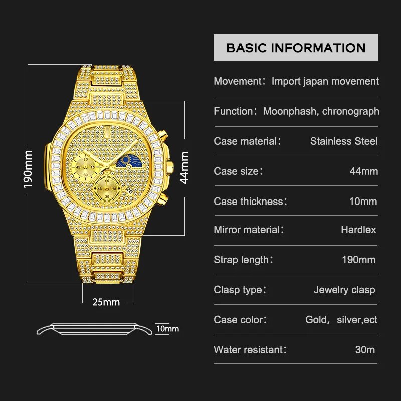 Luxury Brand Stainless Steel Silver Watches Ice Out Waterproof Hip Hop Wristwatch Jewelry