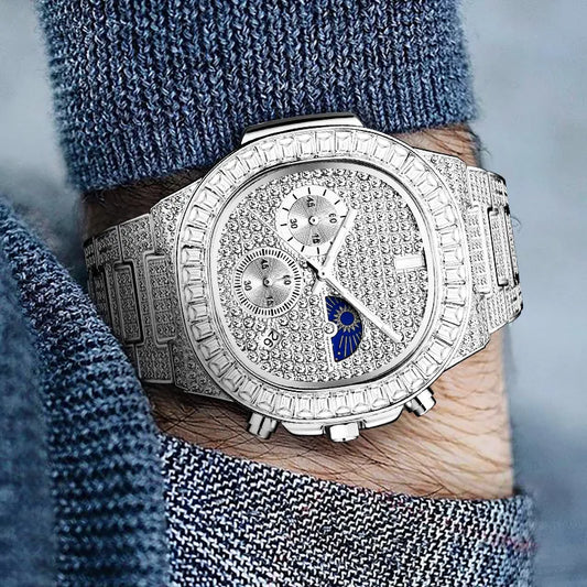 Luxury Brand Stainless Steel Silver Watches Ice Out Waterproof Hip Hop Wristwatch Jewelry