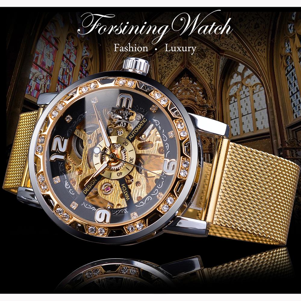 Forsining Diamond Golden Skeleton Men Mechanical Watch Stainless Steel Mesh Band Luminous Hand Watches