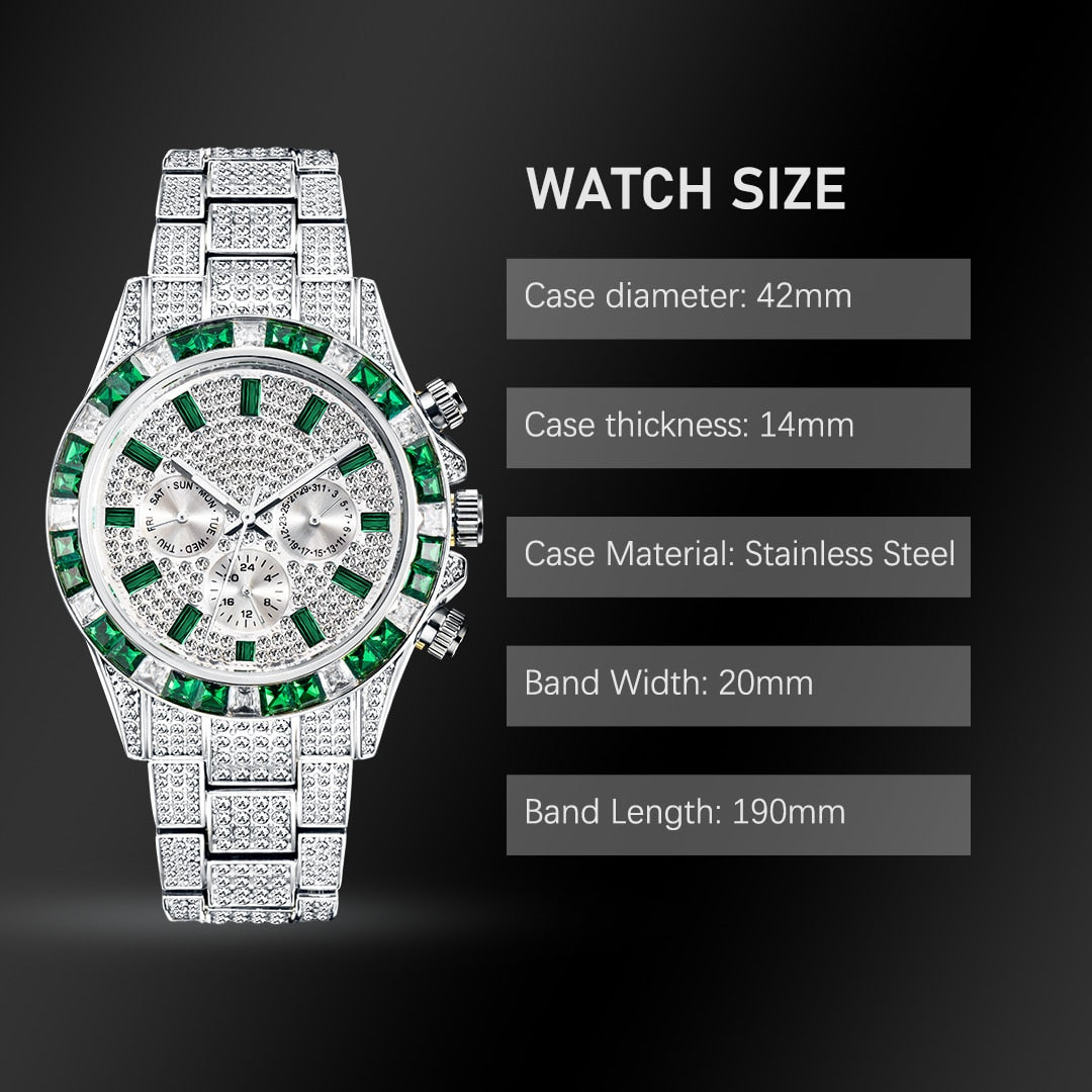 Ice Out Green Diamond Watch For Men Brand Luxury Sport Style Chronograph Quartz Watches Durable