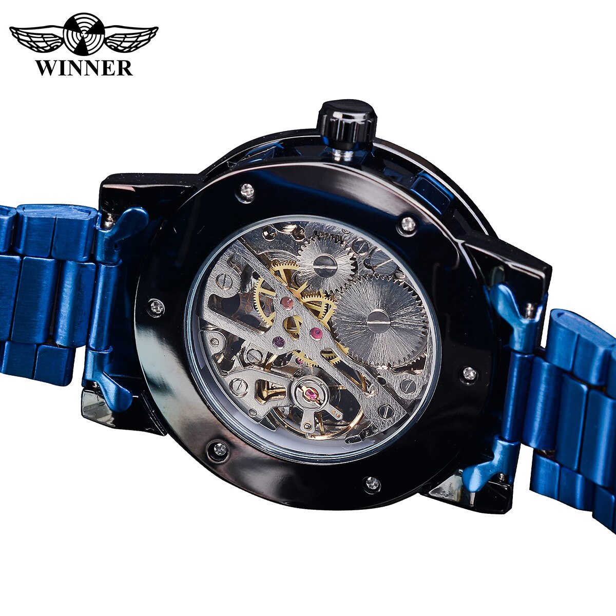 Transparent Diamond Mechanical Watch Blue Stainless Steel Skeleton Watch Top Brand Luxury Business Luminous Male Clock