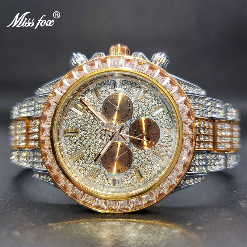 Ice Out Green Diamond Watch For Men Brand Luxury Sport Style Chronograph Quartz Watches Durable