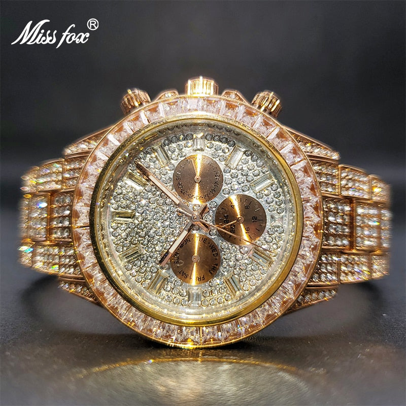 Ice Out Green Diamond Watch For Men Brand Luxury Sport Style Chronograph Quartz Watches Durable