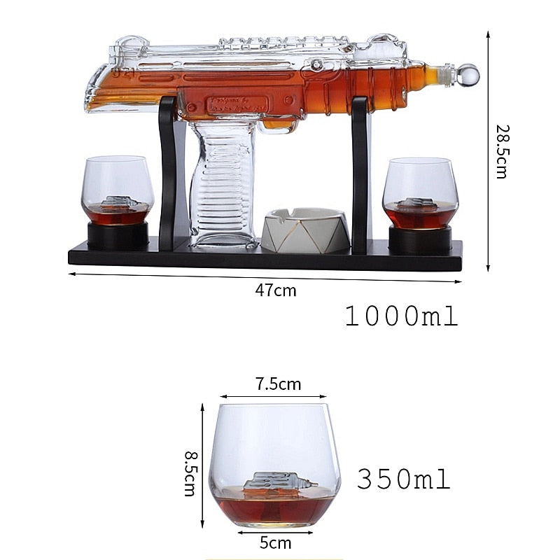 Submachine Gun Whisky Glass Wine Container Glass Decanter Set Drinking Vessel Wine Container With 2 Cups 1 Pine Wood Support