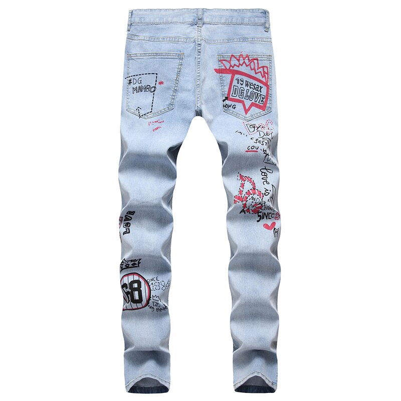 High Street Fashion Light Colored Hole Jeans 3D Printed Stretch Denim Pants Men Slim Spring Summer Trousers