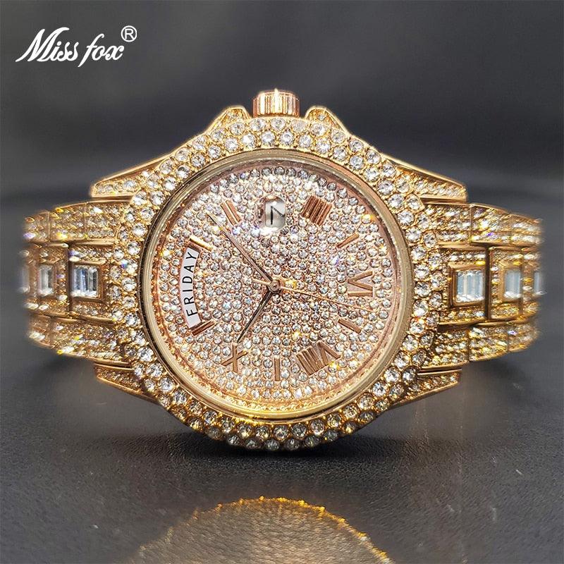 Luxury Ice Out Diamond Watch Multifunction Day Date Adjust Calendar Quartz Watches For Men