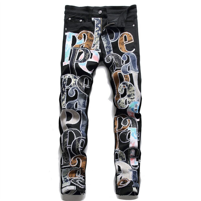 Men’s Light Luxury Stretch Jeans,Letters Embroidery Decors Slim-fit Black Jeans,Stylish Casual Jeans,Youth Sexy&Cool Must;