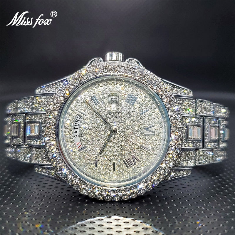 Luxury Ice Out Diamond Watch Multifunction Day Date Adjust Calendar Quartz Watches For Men