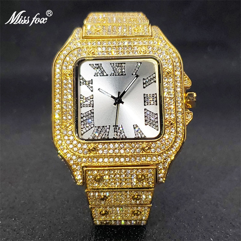 Ice Out Diamond Sunburst Dial Waterproof Quartz Watches