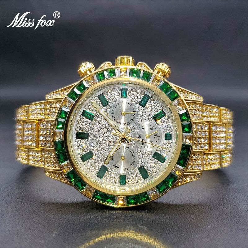 Ice Out Green Diamond Watch For Men Brand Luxury Sport Style Chronograph Quartz Watches Durable