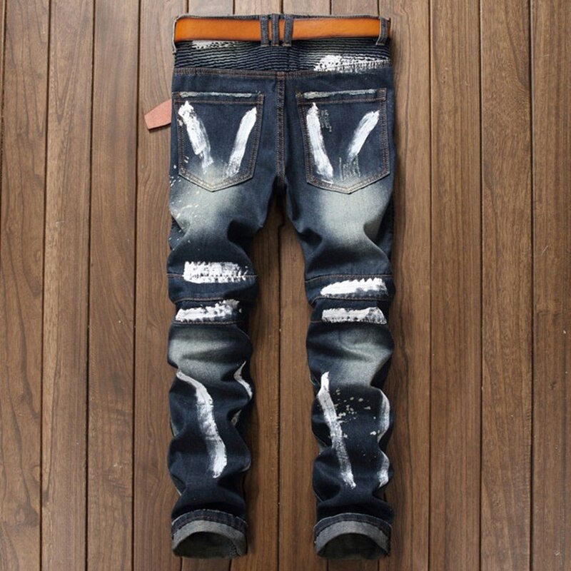 New Fashion Clothing Splice Club Style Denim Pants Embroidery Tiger Head Slim Small Straight Leg Jeans Casual Trousers