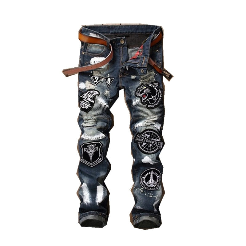 New Fashion Clothing Splice Club Style Denim Pants Embroidery Tiger Head Slim Small Straight Leg Jeans Casual Trousers