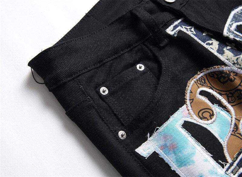 Men’s Light Luxury Stretch Jeans,Letters Embroidery Decors Slim-fit Black Jeans,Stylish Casual Jeans,Youth Sexy&Cool Must;