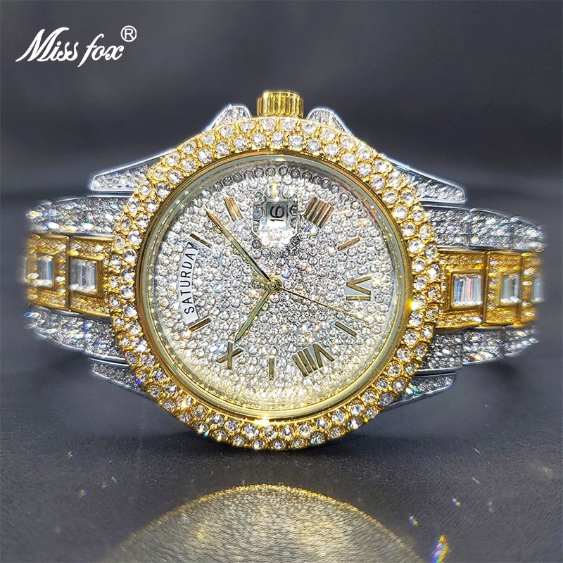 Luxury Ice Out Diamond Watch Multifunction Day Date Adjust Calendar Quartz Watches For Men
