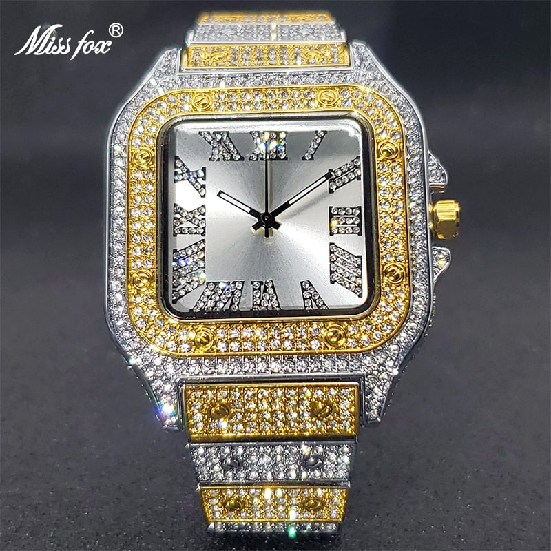 Ice Out Diamond Sunburst Dial Waterproof Quartz Watches