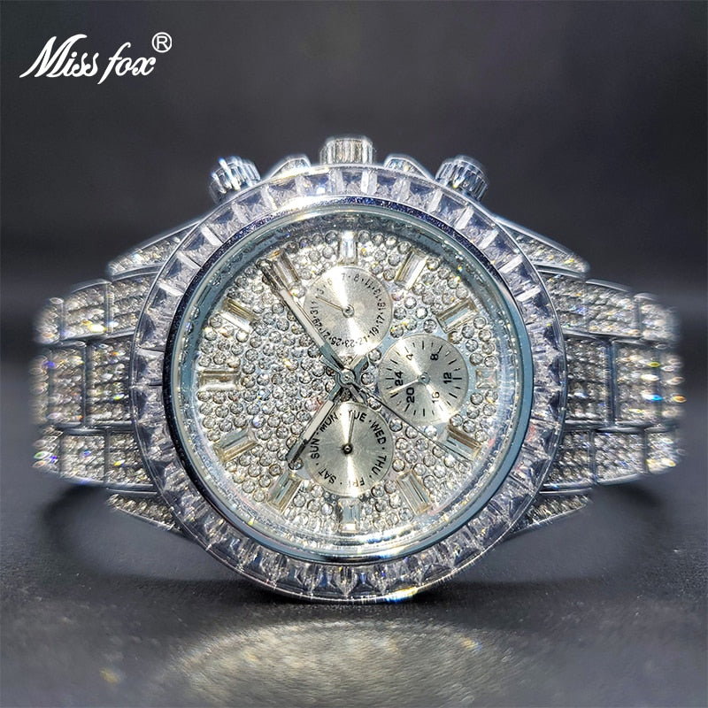 Ice Out Green Diamond Watch For Men Brand Luxury Sport Style Chronograph Quartz Watches Durable