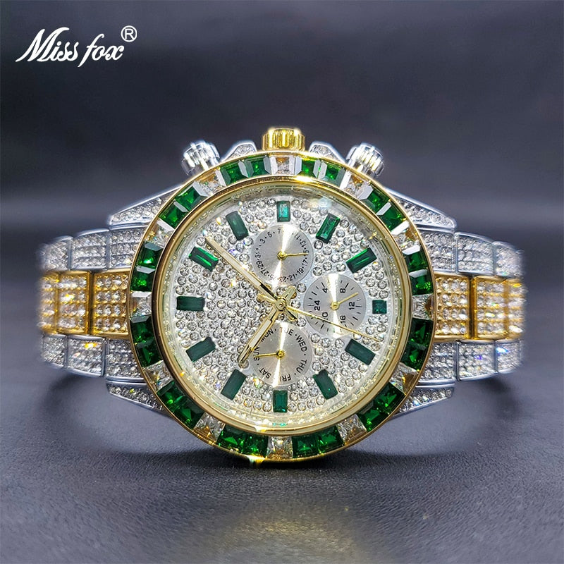 Ice Out Green Diamond Watch For Men Brand Luxury Sport Style Chronograph Quartz Watches Durable