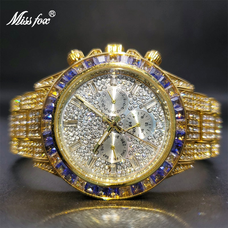 Ice Out Green Diamond Watch For Men Brand Luxury Sport Style Chronograph Quartz Watches Durable