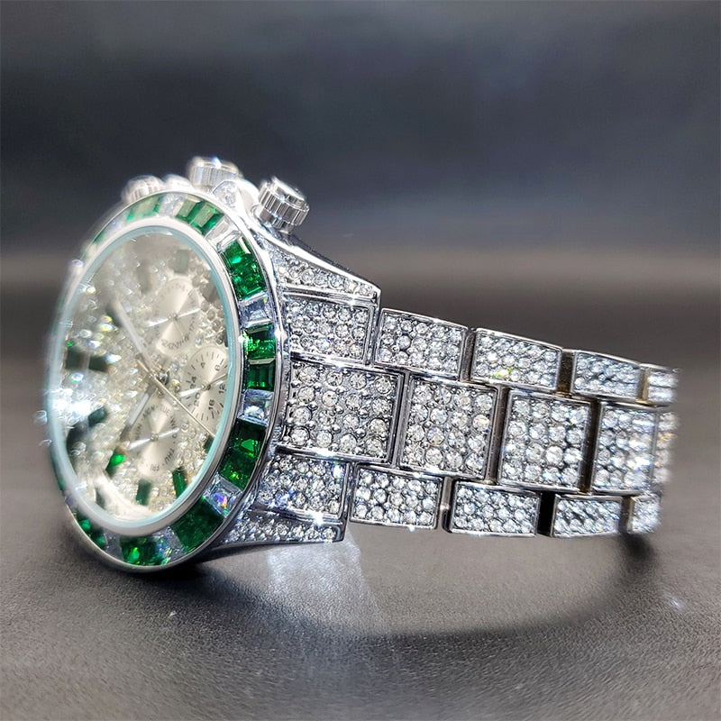 Ice Out Green Diamond Watch For Men Brand Luxury Sport Style Chronograph Quartz Watches Durable