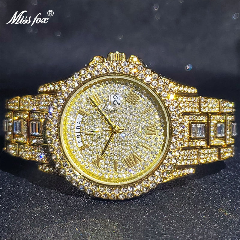 Luxury Ice Out Diamond Watch Multifunction Day Date Adjust Calendar Quartz Watches For Men