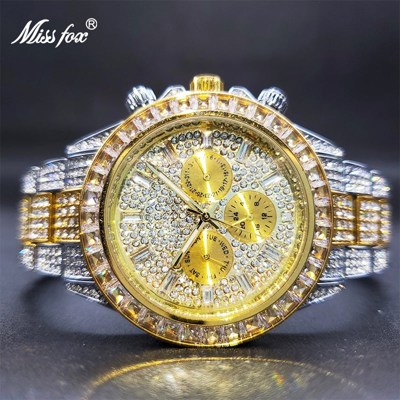 Ice Out Green Diamond Watch For Men Brand Luxury Sport Style Chronograph Quartz Watches Durable