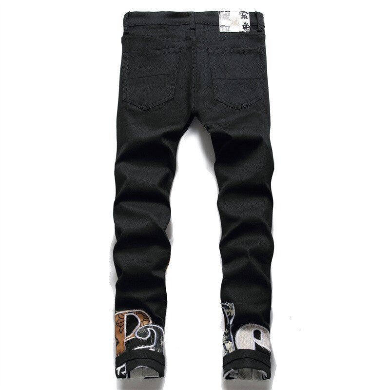 Men’s Light Luxury Stretch Jeans,Letters Embroidery Decors Slim-fit Black Jeans,Stylish Casual Jeans,Youth Sexy&Cool Must;