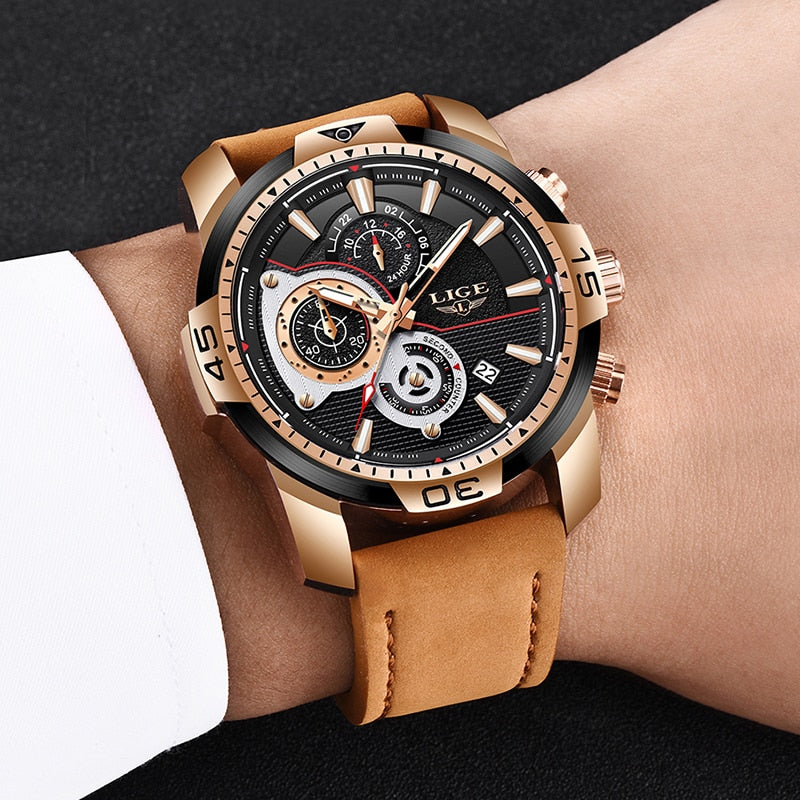 Mens Watches Top Brand Luxury Casual Leather Quartz Clock Male Sport Waterproof Watch Gold Watch for Men