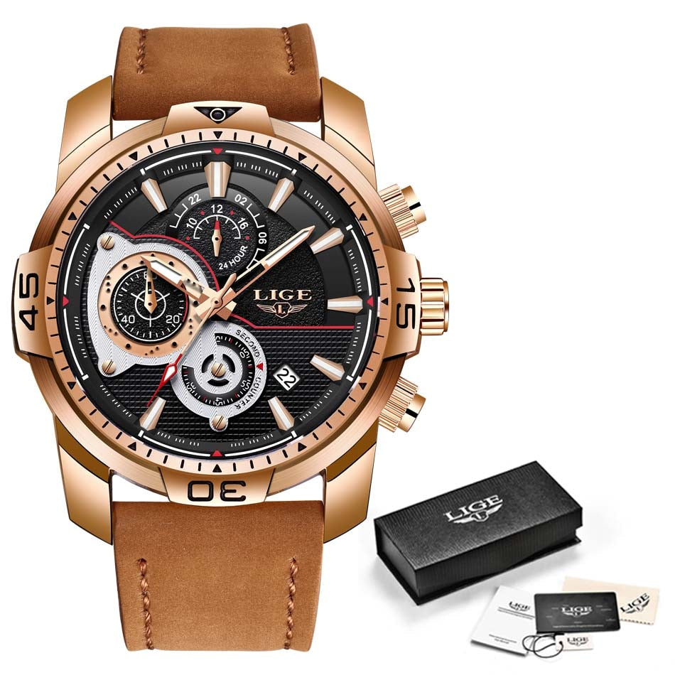 Mens Watches Top Brand Luxury Casual Leather Quartz Clock Male Sport Waterproof Watch Gold Watch for Men