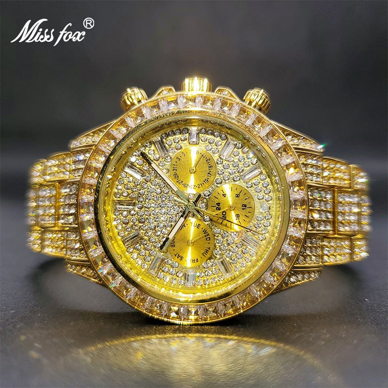 Ice Out Green Diamond Watch For Men Brand Luxury Sport Style Chronograph Quartz Watches Durable