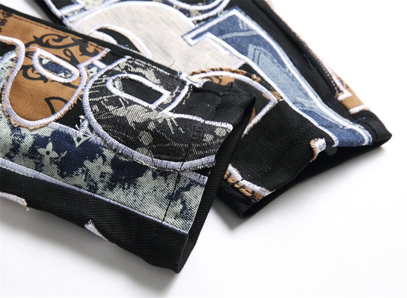 Men’s Light Luxury Stretch Jeans,Letters Embroidery Decors Slim-fit Black Jeans,Stylish Casual Jeans,Youth Sexy&Cool Must;