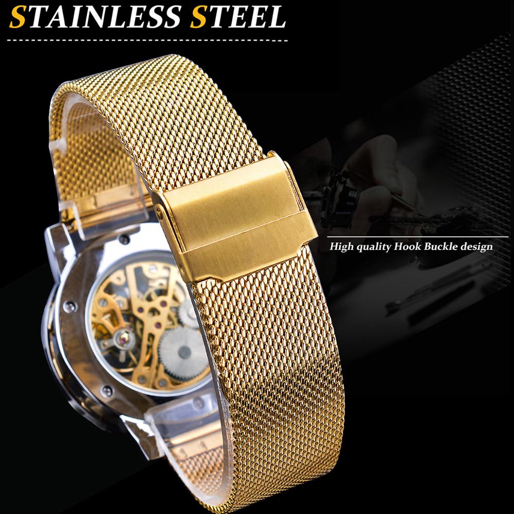 Forsining Diamond Golden Skeleton Men Mechanical Watch Stainless Steel Mesh Band Luminous Hand Watches