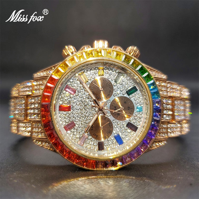 Ice Out Green Diamond Watch For Men Brand Luxury Sport Style Chronograph Quartz Watches Durable