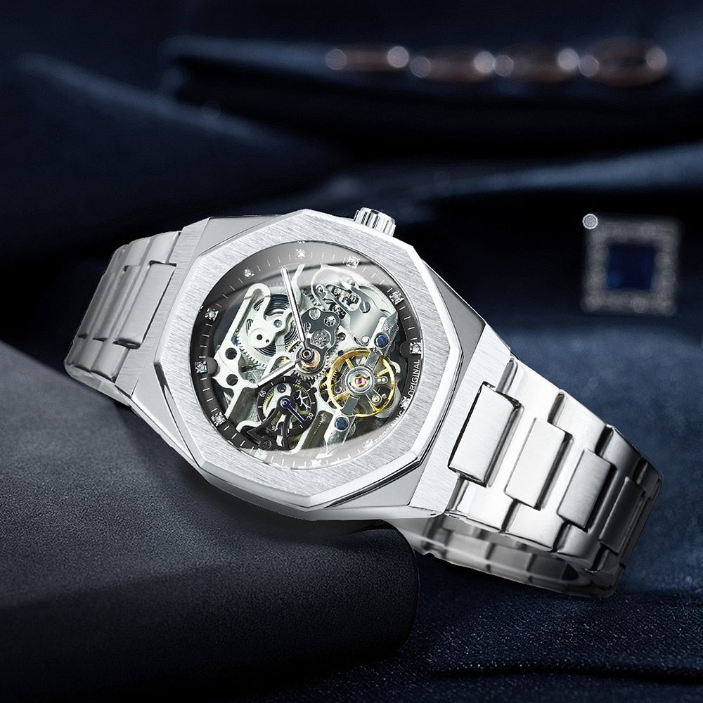 Tourbillon Mechanical Watch for Men Automatic Steel Strap Skeleton Mens Watches Top Brand Luxury 2021 Reloj Hombre
