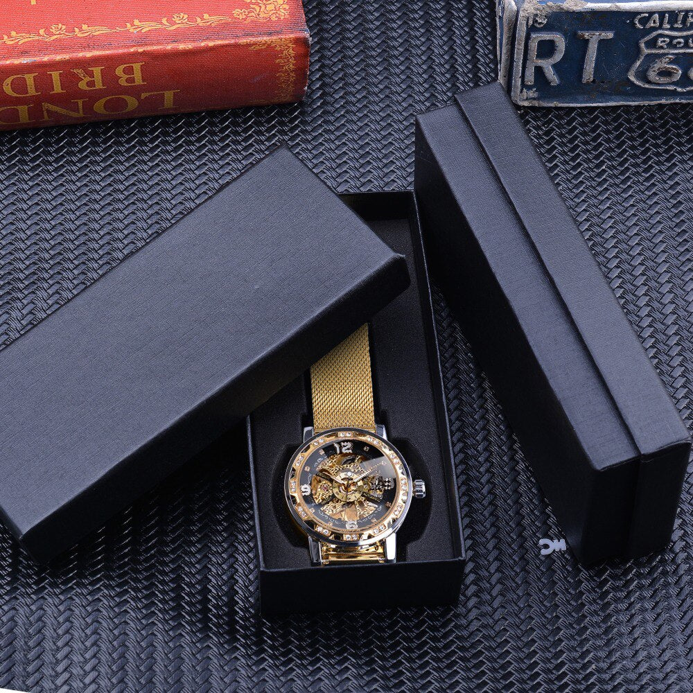 Forsining Diamond Golden Skeleton Men Mechanical Watch Stainless Steel Mesh Band Luminous Hand Watches