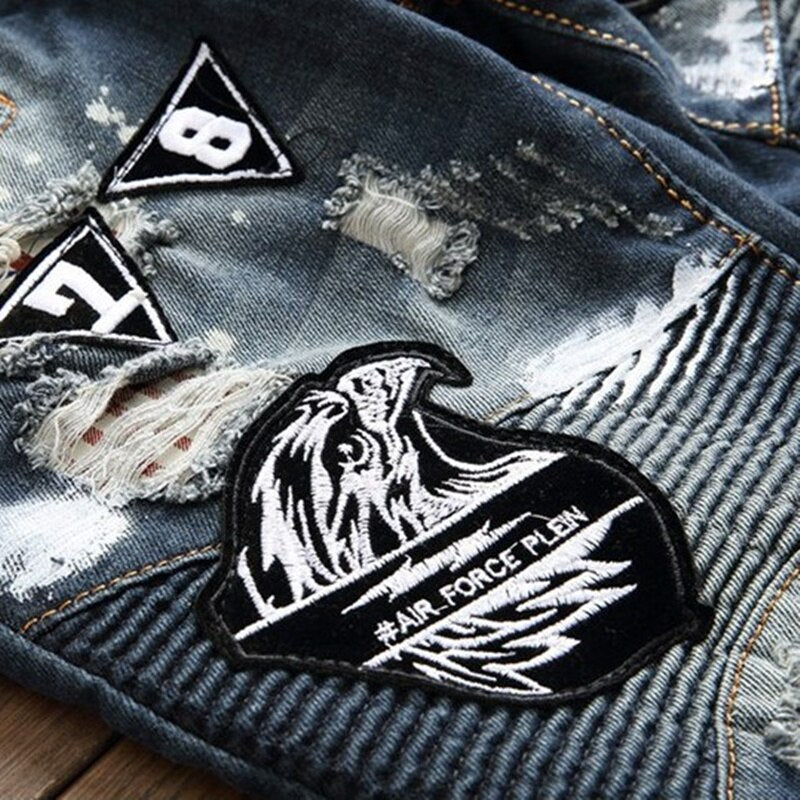 New Fashion Clothing Splice Club Style Denim Pants Embroidery Tiger Head Slim Small Straight Leg Jeans Casual Trousers