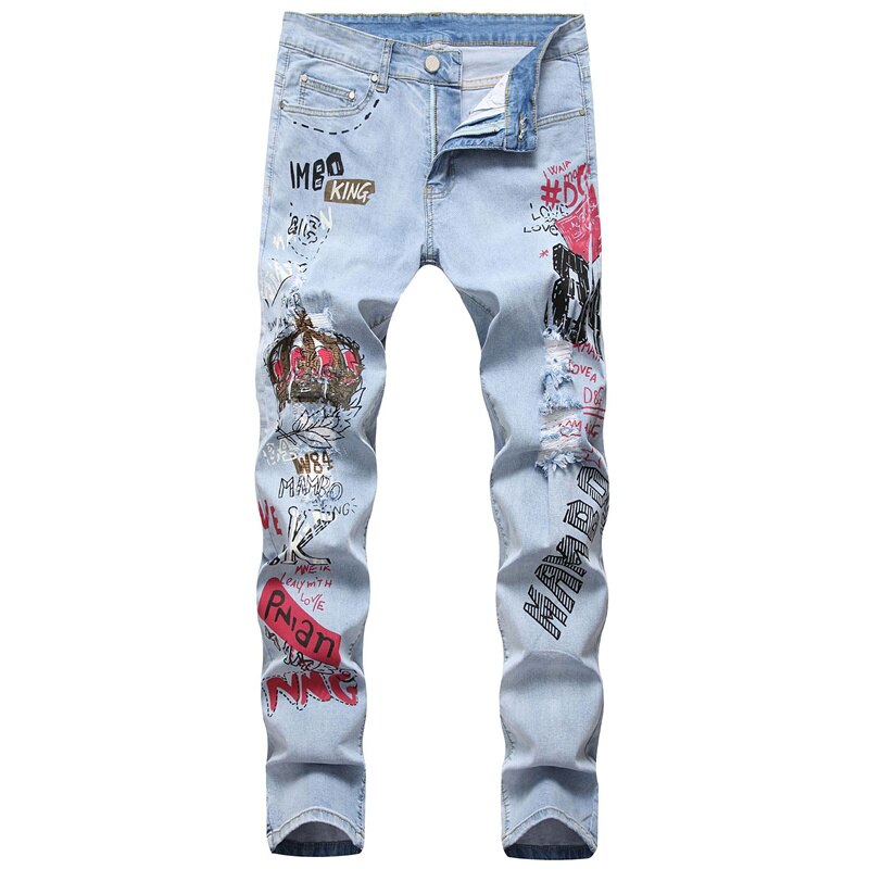 High Street Fashion Light Colored Hole Jeans 3D Printed Stretch Denim Pants Men Slim Spring Summer Trousers