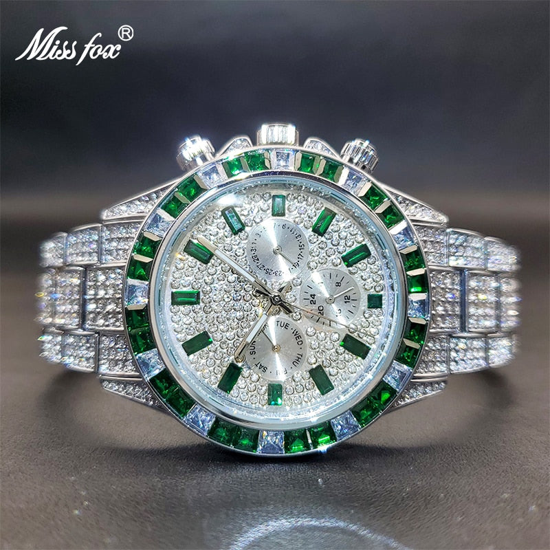 Ice Out Green Diamond Watch For Men Brand Luxury Sport Style Chronograph Quartz Watches Durable