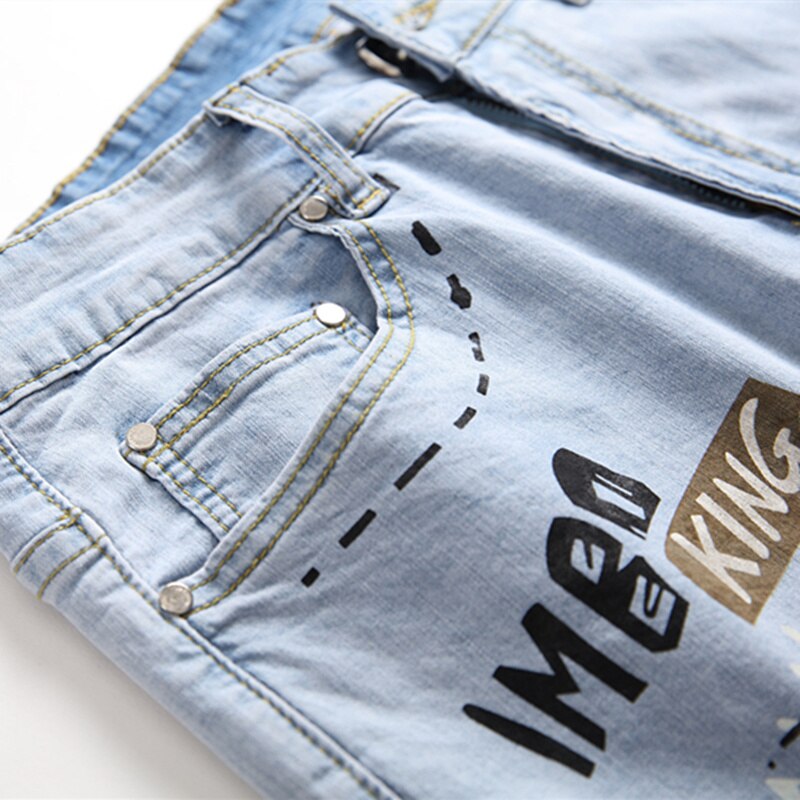 High Street Fashion Light Colored Hole Jeans 3D Printed Stretch Denim Pants Men Slim Spring Summer Trousers