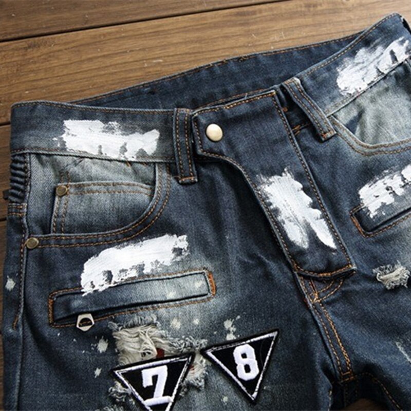 New Fashion Clothing Splice Club Style Denim Pants Embroidery Tiger Head Slim Small Straight Leg Jeans Casual Trousers