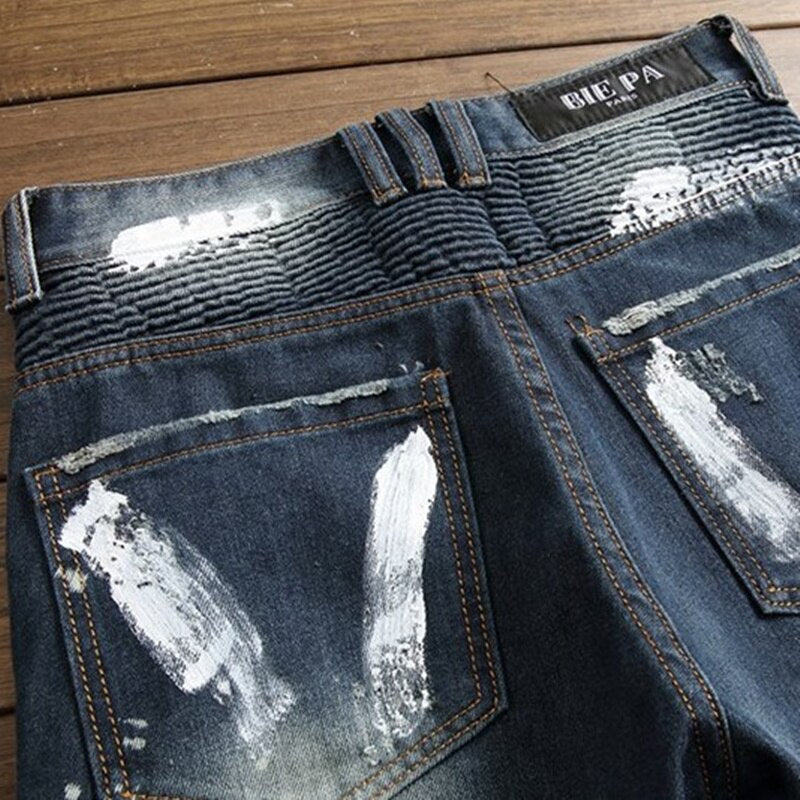 New Fashion Clothing Splice Club Style Denim Pants Embroidery Tiger Head Slim Small Straight Leg Jeans Casual Trousers