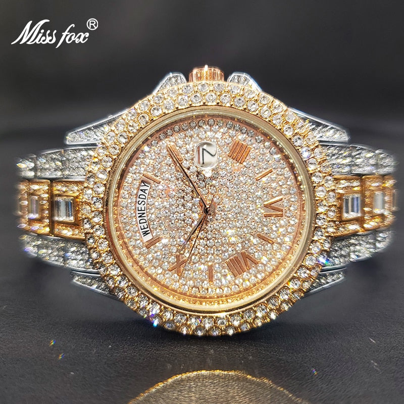 Luxury Ice Out Diamond Watch Multifunction Day Date Adjust Calendar Quartz Watches For Men
