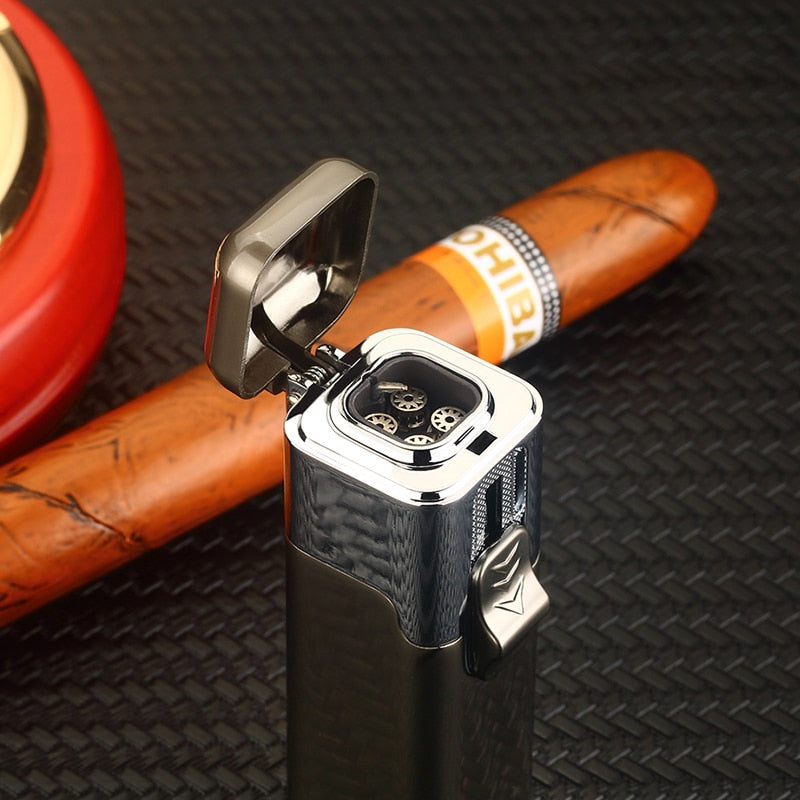 Metal Torch Gas Windproof Briquet Cigar Butane Lighters Four Fire Blue Flame Jet Adjustable Luxury Cigar Lighter