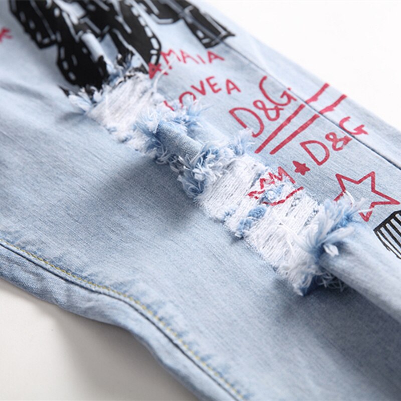 High Street Fashion Light Colored Hole Jeans 3D Printed Stretch Denim Pants Men Slim Spring Summer Trousers