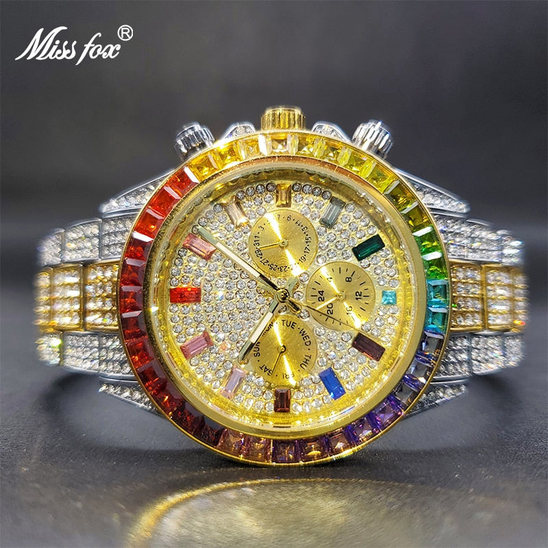Ice Out Green Diamond Watch For Men Brand Luxury Sport Style Chronograph Quartz Watches Durable