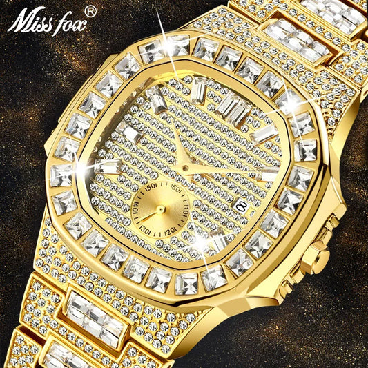 Luxury Men Watch Gold 18K Model Fully Paved Baguette Diamond Mens Watches Waterproof Calendar Male Clock Hours