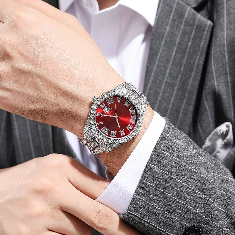 Steel Band Roman Scale Diamond Encrusted Calendar Quartz Watch Digital